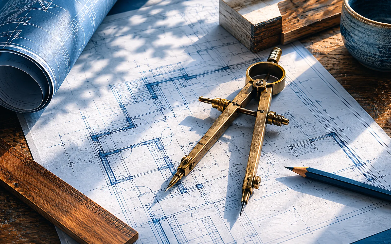 Atelier d'artisan — compas à dessin sur des plans d'architecture