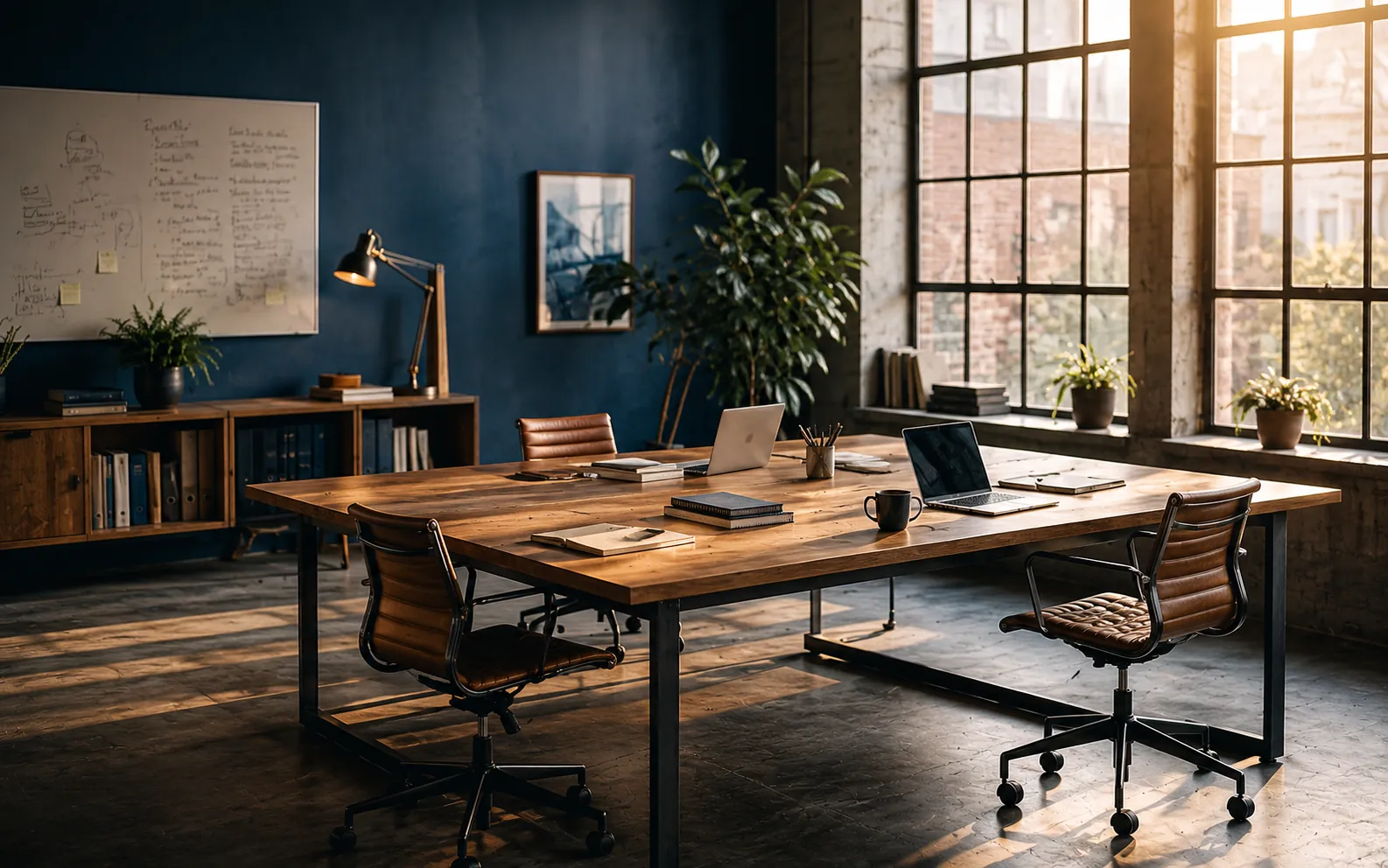 Intérieur d'un petit bureau moderne et chaleureux à l'heure dorée — bureau partagé, plantes, espace calme